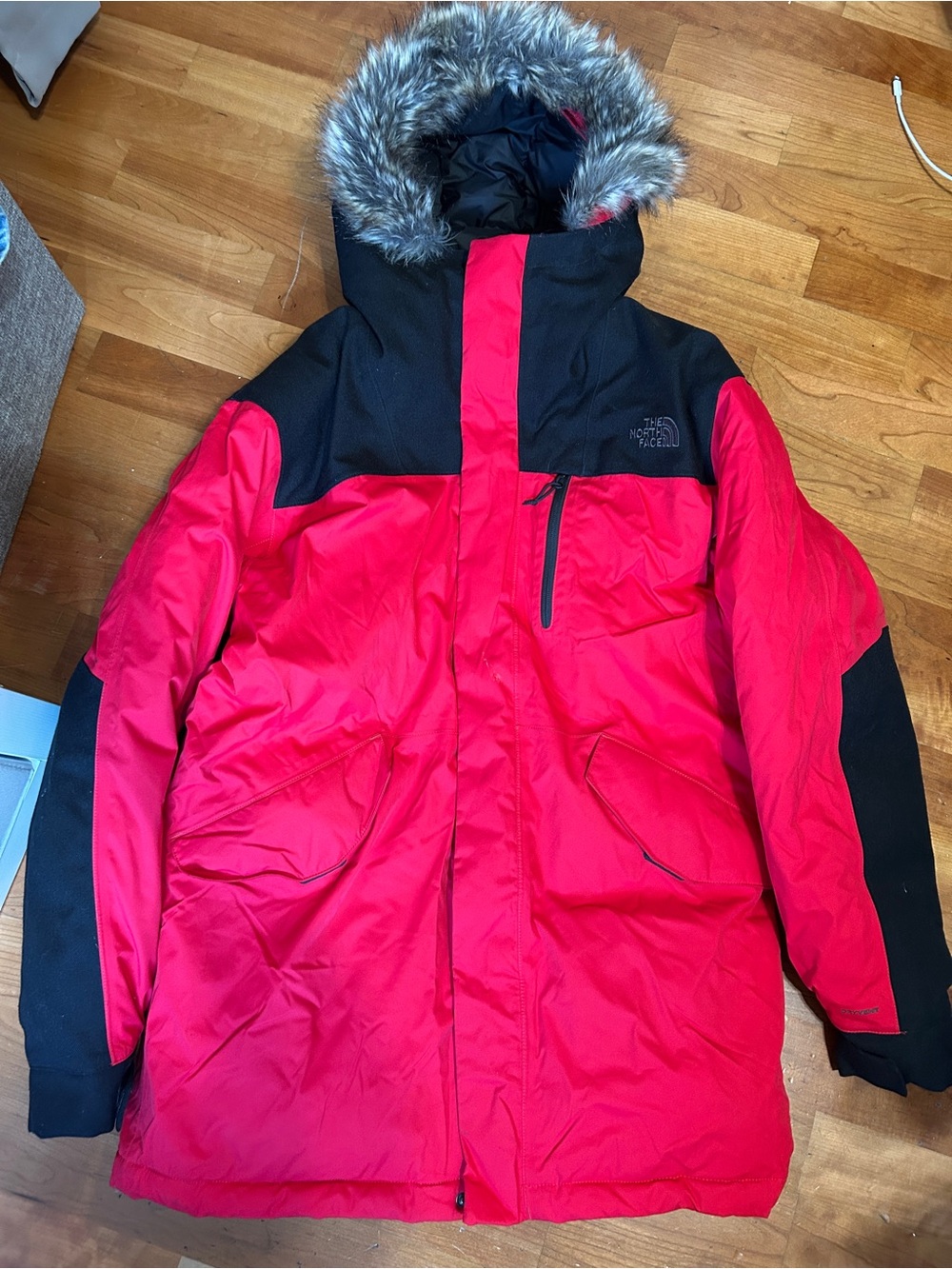 The North Face Men’s Red and Black Ski Parka with Faux-Fur Hood